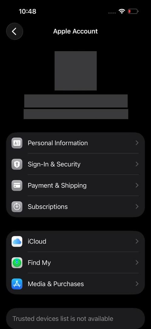 نمونه اسکرینشات صفحهی Apple Account